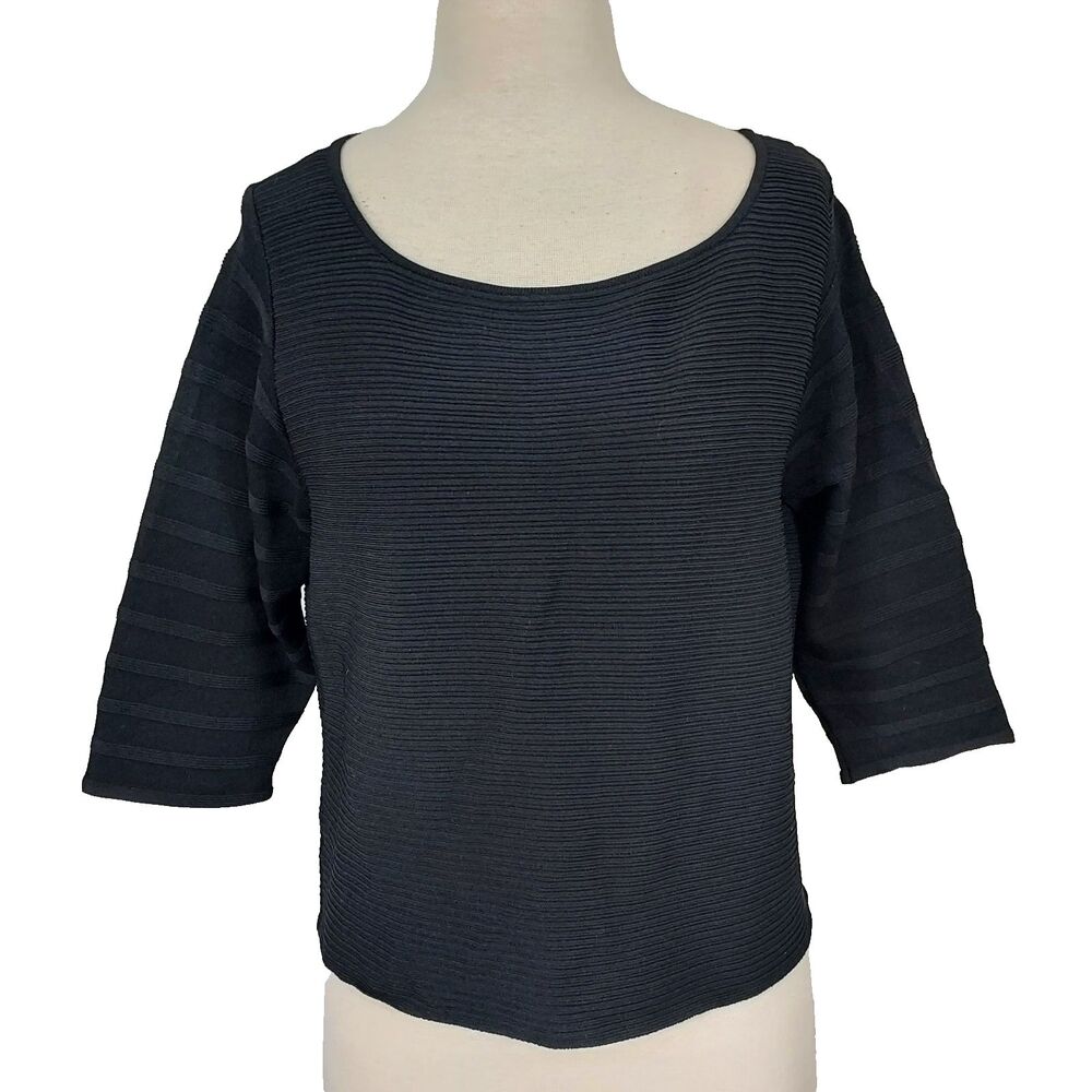 Ivanka Trump Solid Black Ribbed Textured Shirt Top size XL Minimalist Stretch